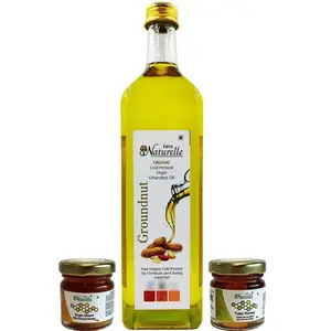 Farm Naturelle-Organic Virgin Cold Pressed Kachi Ghani Ground Nut | Groundnut (Peanut/ Moongphali) Oil, 500ml Oil In Glass Bottle with Free 55 GMS x 2, Tulsi Honey and Ginger Honey