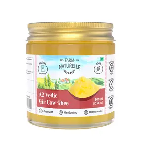 Farm Naturelle-A2 Desi Cow Ghee from Grass Fed Gir Cows |Vedic Bilona method - Curd Churned - Golden, Grainy & Aromatic, Keto Friendly, Lab tested, NON-GMO - 300ml With a Wooden Spoon In Glass Jar