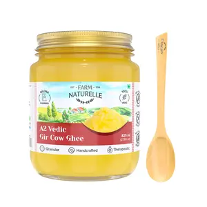 Farm Naturelle-A2 Desi Cow Ghee from Grass Fed Gir Cows |Vedic Bilona method - Curd Churned - Golden, Grainy & Aromatic, Keto Friendly, Lab tested, NON-GMO - 700ml+75ml Extra With a Wooden Spoon In Glass Jar