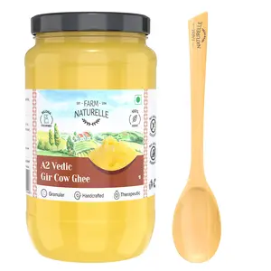 Farm Naturelle-A2 Desi Cow Ghee from Grass Fed Gir Cows |Vedic Bilona method - Curd Churned - Golden, Grainy & Aromatic, Keto Friendly, Lab tested, NON-GMO | 1 kg With a Wooden Spoon In Glass Jar