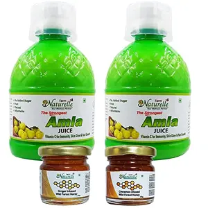 Farm Naturelle-Strongest n Concentrated Amla Juice | Improves Skin Health & Hair Growth | Rich in Vitamin C and Good immunity booster | Amla Juice -2x400ml+ 55gx2 Herbs Infused Forest Honeys