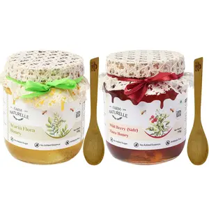 Farm Naturelle Honey | Wild berry (Sidr) Forest Honey & Acacia Flower Wild Forest (Jungle) Honey |100% Pure/Raw/Natural/Un-processed/Un-heated | Lab Tested Honey in Glass Bottle-700gm + 75gm Extra + Wooden Spoons x 2 Sets