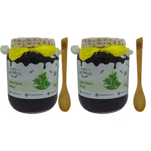 Farm Naturelle - Raw Natural Ayurved | Unprocessed Tulsi Forest Flower Honey | Rare Pure Unpasteurized Unprocessed Organic | Glass Jar of  850gm+150gm Extra+Wooden Spoons x 2 Sets