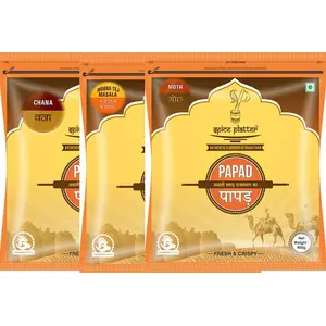 Spice Platter Crispy Sajji Papad Combo - Authentic Rajasthani Flavored Papad Pack of 3 - Strong Spicy Moong Papad Moth Papad and Chana Papad