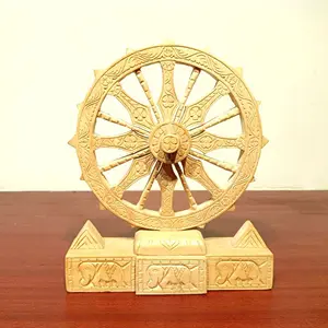 Utkalika Meticulously Handcrafted wooden Konark wheel with elephant figurines on the base