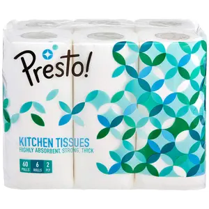 Presto! 2 Ply Kitchen Tissue/Towel Paper Roll - 6 Rolls (60 Pulls Per Roll)