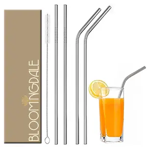 Bloomingdale Reusable Stainless Steel Straw with Cleaning Brush- Long Metal Straws For Drinking Reusable Set Of 5 (2- Bend Pipe 2- Long Straw 1-cleaning Brush) Silver (BSteelStrawsSilver5Pcs)