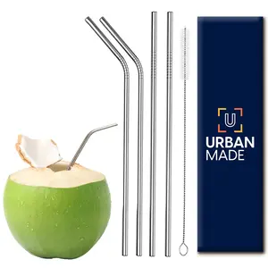 UrbanMade Straw Stainless Steel Straw for and Adults Reusable Metal Straw Set with Cleaning Brush Long Steel Straws for Drinking Juice & Drinks Reusable Straw Pipe - (2-Straight 2-Bend 1-Brush)