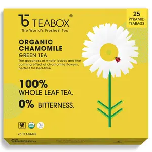 Teabox Chamomile Green Tea Made with 100% Whole Leaf & Natural Chamomile Flowers 25 Pyramid Tea Bags