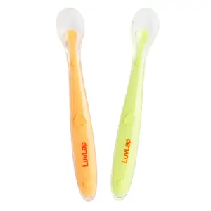 LuvLap Feeding Spoon Set of 2 with ultra supple 100% Silicone Tip BPA Free material with Food Grade Silicone tip Self Feeding Utensil Weaning Spoon for 4 Months+ (Green & k)