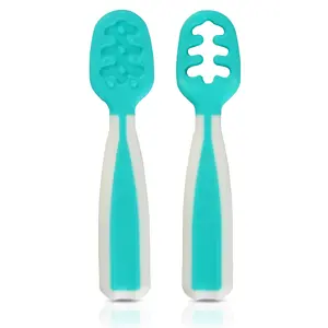 LuvLap Yum Yum Weaning Pre-Spoon BPA Free Silicone Self Feeding Spoon Set (Stage One + Stage Two) Led Weaning Spoon for Feeding 6 Months+ Utensil (Blue)