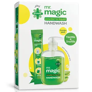 Godrej Protekt magic Powder-to-Liquid Handwash - Bottle + 3 Refills | 27g (makes 200ml per refill)