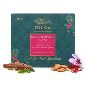 TGL Co. The Good Life Company Kashmiri Kahwa Green Tea 16 Tea Bags (15 Tea Bags with 1 Exotic Sample)