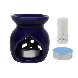 Allin Exporters Ceramic Diffuser Pot With Tea Light Candle & With Lavender Aroma Oil 3 ml - Blue