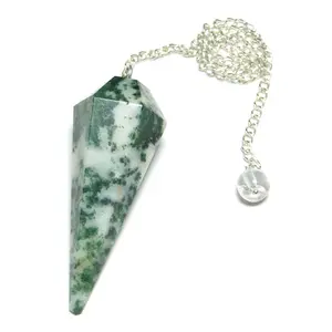 Nature's Crest Tree Agate Faceted Dowsing Pendulum With Chain and Crystal Quartz Sphatik Bead Energized and Charged for Reiki Pooja & Crystal Healing (1 Pc Pack)