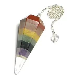 Nature's Crest 7 Chakra Stones Faceted Dowsing Pendulum With Chain and Crystal Quartz Sphatik Bead Energized and Charged for Reiki Pooja & Crystal Healing (1 Pc Pack)