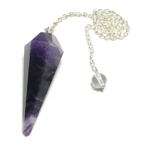 Nature's Crest Amethyst Faceted Dowsing Pendulum With Chain and Crystal Quartz Sphatik Bead Energized and Charged for Reiki Pooja & Crystal Healing (1 Pc Pack)