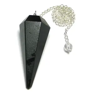 Nature's Crest Black Tourmaline Faceted Dowsing Pendulum With Chain and Crystal Quartz Sphatik Bead Energized and Charged for Reiki Pooja & Crystal Healing (1 Pc Pack)
