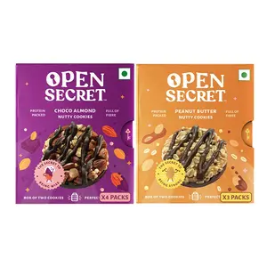 OPEN SECRET Multi Flavor Tiffin Snacks | 4 Healthy Choco Almond Box + 3 Peanut Butter Cookies with Nuts Box|Chocolate & Oats |No Added Maida |Family Snacks Biscuit|14 Cookies (2 Cookies Per Box)