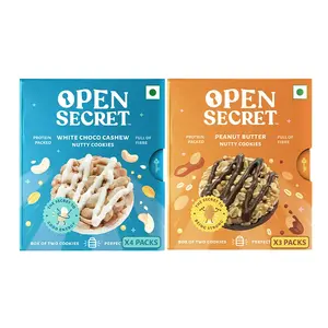 OPEN SECRET Multi Flavor No Added Maida Tiffin Snacks|4 Healthy White Choco Cashew Cookies Box + 3 Peanut Butter Cookies Box|Nuts and Oats| Family Snacks Biscuit|14 Cookies (2 Cookies Per Box)