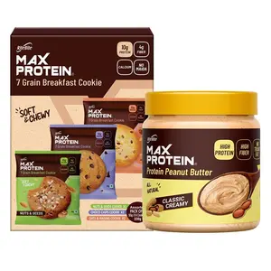 RiteBite Max Protein Cookies - Assorted (Pack of 6 (330g)) & Ritebite Max Protein Peanut Spread (Classic Creamy [340 gm]) (Combo)