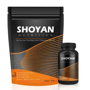 SHOYAN NUTRITION Combo of Lactase Enzyme Capsule 200 mg Capsules and Raw Whey Protein Concentrate 80% 1 Kg 2.2 lbs Unflavoured | 24g Protein per scoop