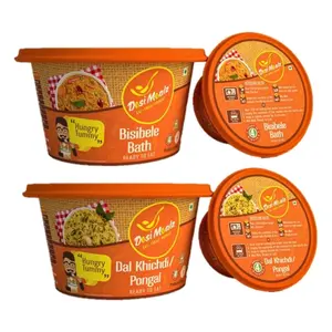 Desi Mealz Ready to Eat Food Mixes Tasty & Delicious Instant Food Bisibele Bath & (Pongal) Dal Khichi MixTraveller Ready to Eat 100% Veg Travel Combo Pack of 2 (70 gm Each)