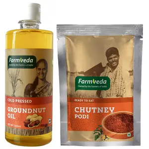 "Farmveda Healthy & Tasty Ground Nut Oil & Chutney Podi Combo Pack. Ready to eat. Delicious Taste and top-Quality Ingredients are Used to Ensure Rich Protein and Mineral Content."
