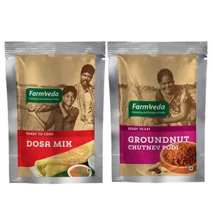 "Farmveda Healthy & Tasty Dosa Mix & Ground Nut Chutney Powder Combo Pack. Ready to eat. Delicious Tasty. Top-Quality Ingredients are Used to Ensure Rich Protein and Mineral Content."