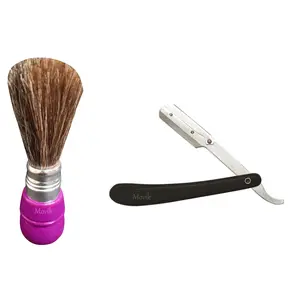 Movik Combo Of Stainless Steel Folding Razor And Soft Bristle Shaving Brush For Men Salon And Home Use m8