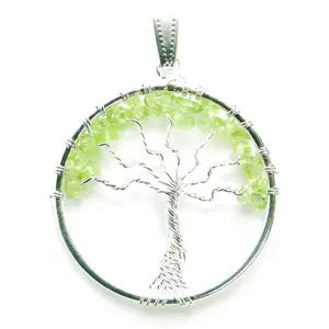 Nature's Crest Peridot Tree of Life Pendant for Unisex Natural Stone with Silver Plated Energized & Charged for Reiki & Crystal Healing Gemstone Tumbled Chips Beads