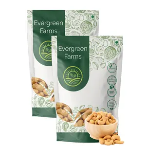 Evergreen Farms Fresh Roasted Cashews Kaju W320 Light Brown and Extra Crunchy 800 Grams Pack of 2