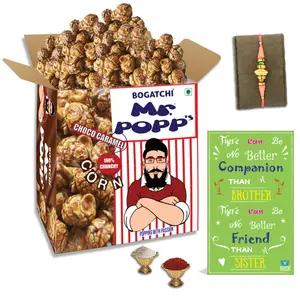 BOGATCHI Mr.POPP's Dark Chocolate Popcorn 100% Crunchy Mushroom Popped Kernels Handcrafted Gourmet Popcorn Perfect Rakhi Gift for Boy 375g + Free Happy Rakhi Greeting Card + Free Rakhi