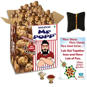 BOGATCHI Mr.POPP's Dark Chocolate Popcorn 100% Mushroom Popped Crunchy Best Quality Kernels Handcrafted Gourmet Popcorn Best Rakhi Gift for BRO 375g + Free Happy Rakhi Greeting Card + Free Rakhi