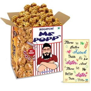 BOGATCHI Mr.POPP's Caramel Popcorn 100% Crunchy Mushroom Popped Kernels Handcrafted Gourmet Popcorn Perfect Rakhi Gift for Sister 375g + Free Happy Rakhi Greeting Card