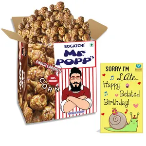 BOGATCHI Mr.POPP's Dark Chocolate Popcorn 100% Crunchy Mushroom Popped Kernels Handcrafted Gourmet Popcorn Best Birthday Gift 375g + Free Happy Belated Birthday Greeting Card