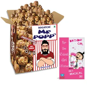 BOGATCHI Mr.POPP's Chocolate Crunchy Caramel Popcorn Handcrafted Gourmet Popcorn Birthday Gift for Girl 375g + Free Happy Birthday Greeting Card