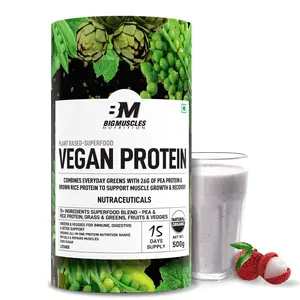 Bigmuscles Nutrition Vegan Protein [500g Lychee] | Organic Plant Based Protein + Superfood | 26g protein 0g Sugar | Non-Dairy Lactose-Free Gluten-Free Soy Free