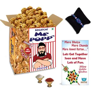 BOGATCHI Mr.POPP's Crunchy Caramel Popcorn Handcrafted Gourmet Popcorn Best Rakhi Gift 250g + Free Happy Rakhi Greeting Card + Free Rakhi