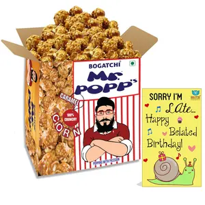 BOGATCHI Mr.POPP's Caramel Popcorn 100% Crunchy Mushroom Popped Kernels Handcrafted Gourmet Popcorn Best Birthday Gift 375g + Free Happy Belated Birthday Greeting Card