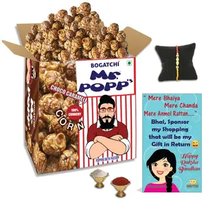 BOGATCHI Mr.POPP's Chocolate Crunchy Caramel Popcorn Rakhi Gift for Brother 250g + Free Happy Rakhi Greeting Card + Free Rakhi