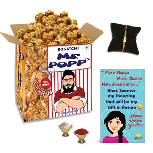 BOGATCHI Mr.POPP's Caramel Popcorn HandCrafted Gourmet Popcorn Party Snacks 100% Crunchy Delicious Fully Popped Corns Best Rakhi Gift for Brother 375g + FREE Happy Rakhi Greeting Card + FREE Rakhi