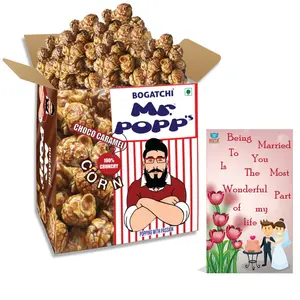 BOGATCHI Mr.POPP's Chocolate Crunchy Caramel Popcorn Handcrafted Gourmet Popcorn Best Anniversary Gift for Wife 375g + Free Happy Anniversary Greeting Card