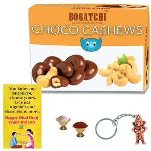 BOGATCHI Chocolate Coated Cashews 100g + Free Bhai Dooj Greeting Card + Beautiful Ganesha Key Chain + Roli Chawal Free with Bhai Dooj Gift Hamper for Brother