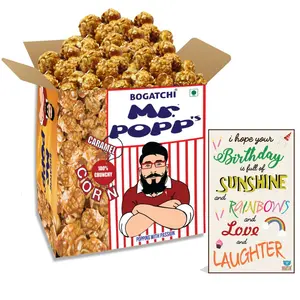 BOGATCHI Mr.POPP's Caramel Popcorn 100% Crunchy Delicious Fully Popped Corns Handcrafted Gourmet Popcorn Snacks Best Birthday Gift for Girlfriend  375g + Free Happy Birthday Greeting Card