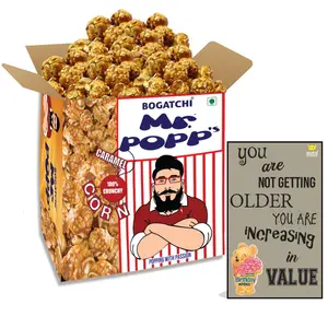 BOGATCHI Mr.POPP's Caramel Popcorn 100% Crunchy Delicious Fully Popped Corns Handcrafted Gourmet Popcorn Snacks Best Birthday Gift for Mother  375g + Free Happy Birthday Greeting Card