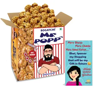 BOGATCHI Mr.POPP's Caramel Popcorn 100% Crunchy Delicious Fully Popped Corns Handcrafted Gourmet Popcorn Snacks Best Rakhi Gift for BRO 250g + Free Happy Rakhi Greeting Card