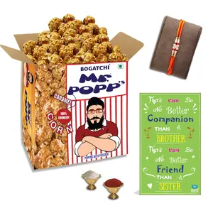 BOGATCHI Mr.POPP's Caramel Popcorn 100% Crunchy Delicious Fully Popped Corns Handcrafted Gourmet Popcorn Snacks Best Rakhi Gift for Bhai  375g + Free Happy Rakhi Greeting Card + Free Rakhi