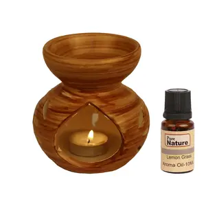 Pure Source India Ceramic Aroma Wooden Finish Puchai Burner (Brown) 3.5 x 5 (PSI-GS-PUCHAI SETLMNG)