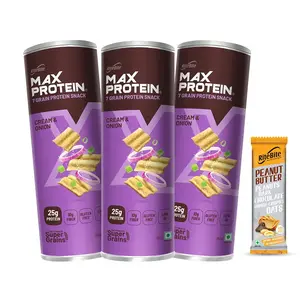 RiteBite Max Protein Chips Cream & Onion [pack of 3] with 1 RiteBite Peanut Butter Energy Bar FREE | Protein Fiber Low GI Gluten Free Super Grains like Sorghum Quinoa Oats Ragi No Preservatives 100% Vegetarian | Guiltfree Munching 490g